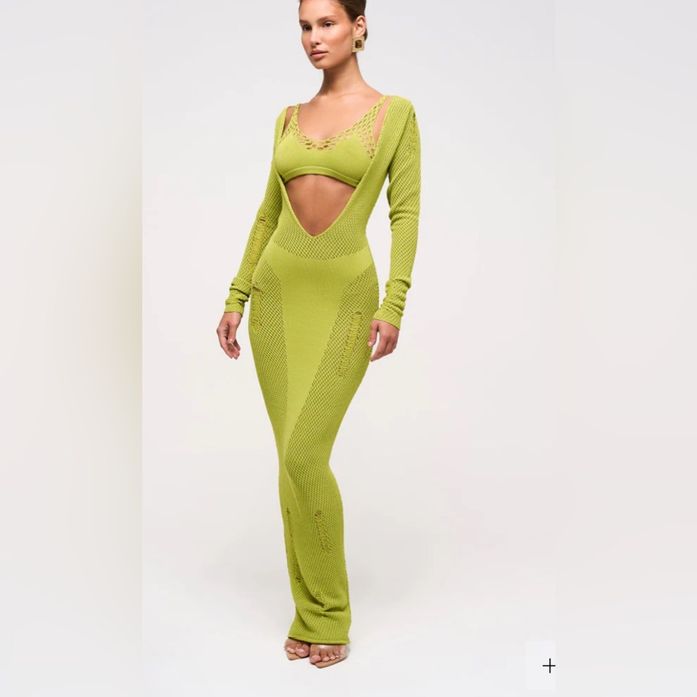 Mucri NWT Deep Scoop Neck Knitted Maxi Dress Stretch In Fig Leaf Size XL